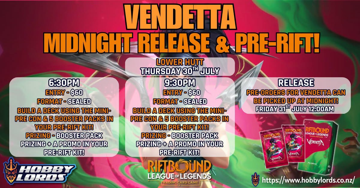 Riftbound Vendetta Prerift MIDNIGHT RELEASE @ Hobby Lords Lower Hutt