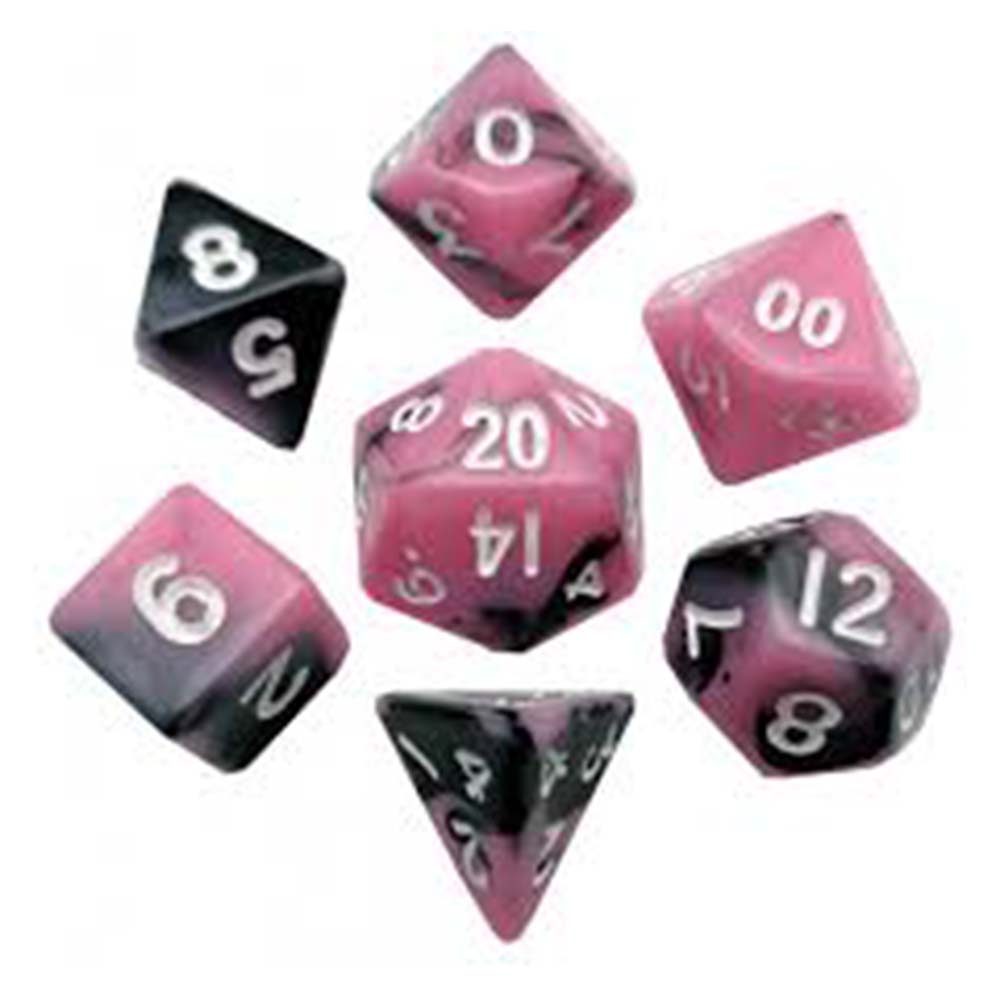MDG – Mini Polyhedral Dice Set: Pink/Black w/ Gold Numbers
