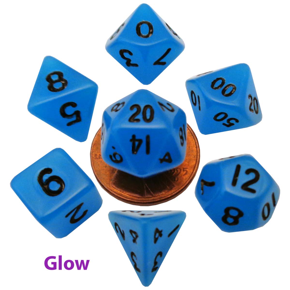 MDG - Mini Polyhedral Dice Set: Glow Blue with Black