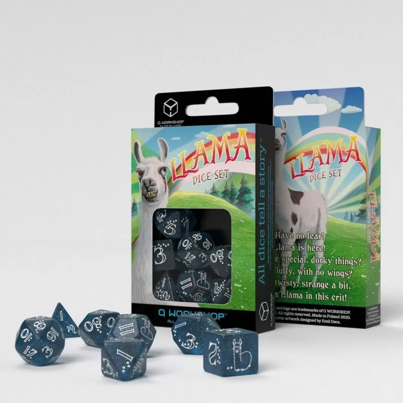 Q Workshop - Llama Glittering Dark Blue And White Dice Set 7