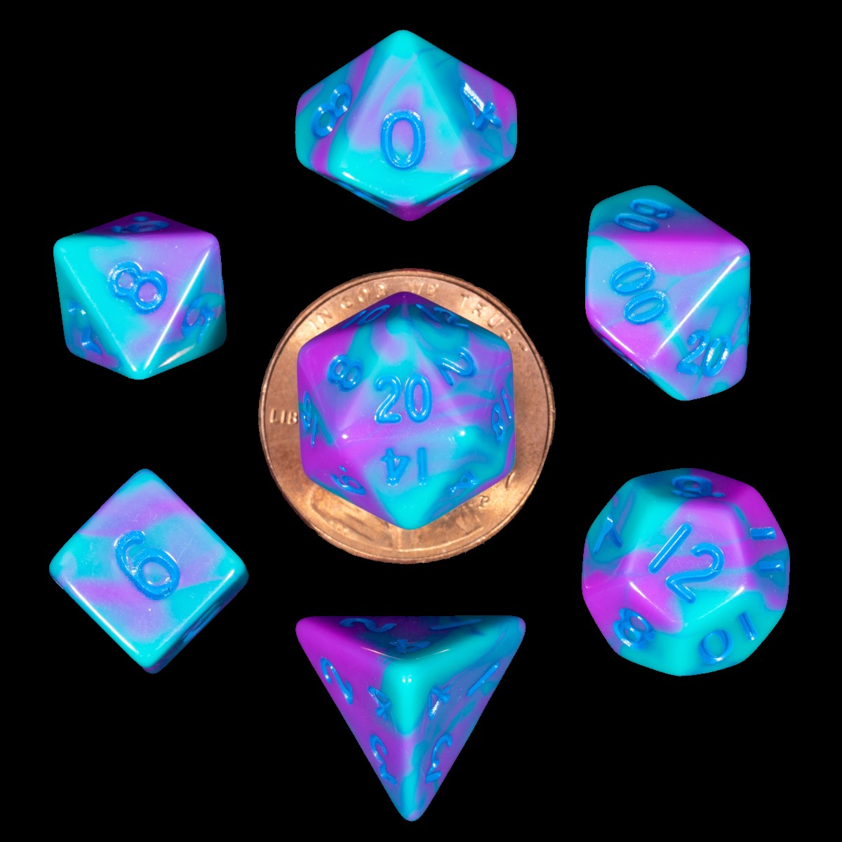 MDG - Mini Polyhedral Dice Set: Purple/Teal w/ Blue Numbers