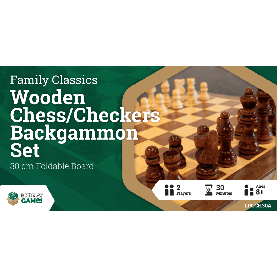 Family Classics - Wooden Chess / Checkers / Backgammon Set (30cm Board)